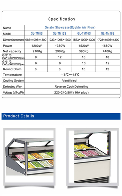 Ιταλικό στυλ Gelato Freezer Εμφάνιση Κουτί με αντίστροφο κύκλο αποψύχωσης και αερισμένο σύστημα ψύξης