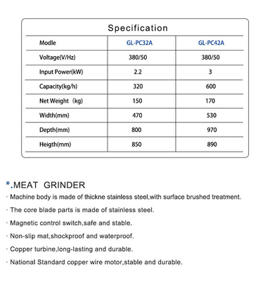 320kg/h Ατσάλινο Σκόρπινο κρέατος 2200W Για εμπορικό εξοπλισμό ξενοδοχείων - Αποδοτική αλυσίδα τουρμπίνων χαλκού